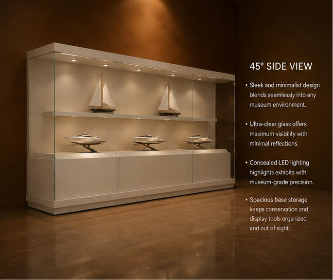 Close-up transparent floating glass tier shelf, hidden bottom LED strip, full UV clear glass inside white dual-deck vitrine sailboat model booth