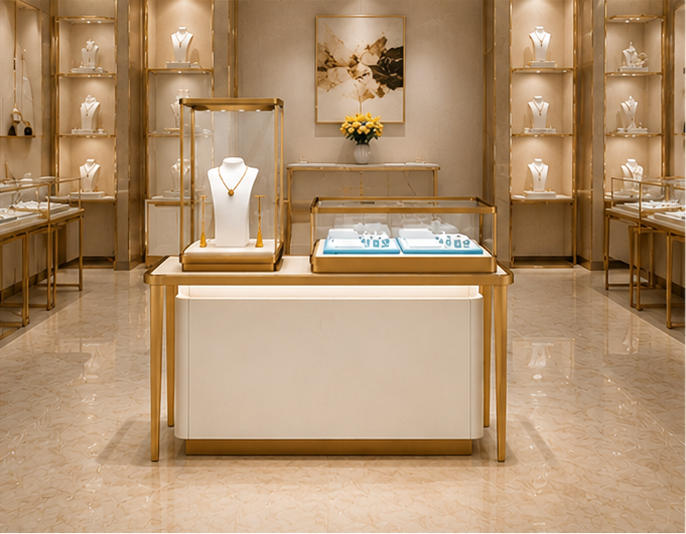 Dual-height jewelry display set applied in a luxury jewelry boutique
