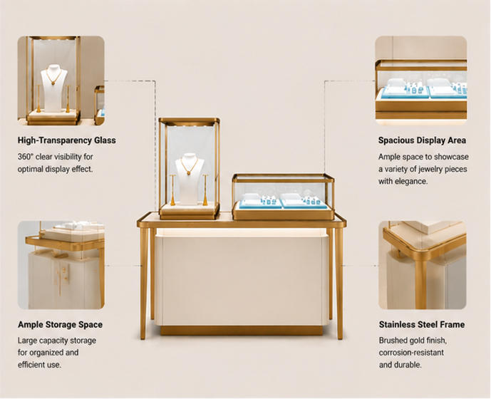 Features diagram of mixed-height jewelry retail station with dual display cases and storage