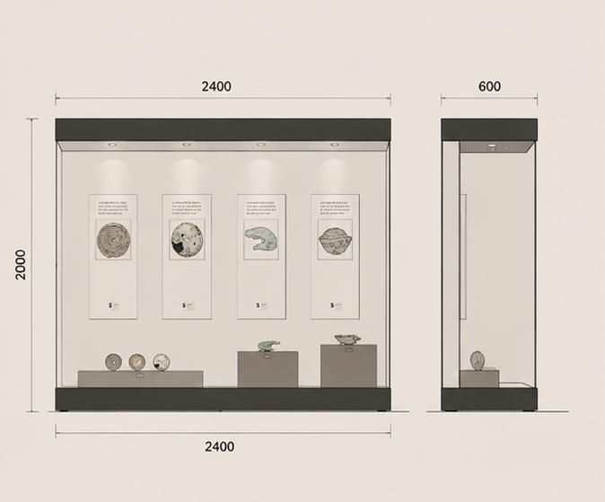 CAD layout dual-layer wall vitrine hanging plaque booth tier podium case multi-item wall unit layered metal cabinet dimension drawing