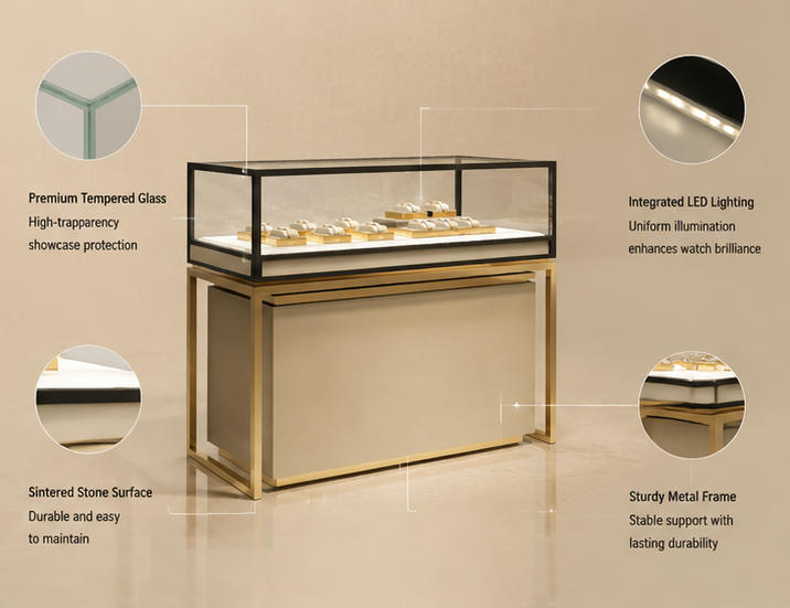 Structure of wall mounted dual lock vitrine with removable acrylic watch tray
