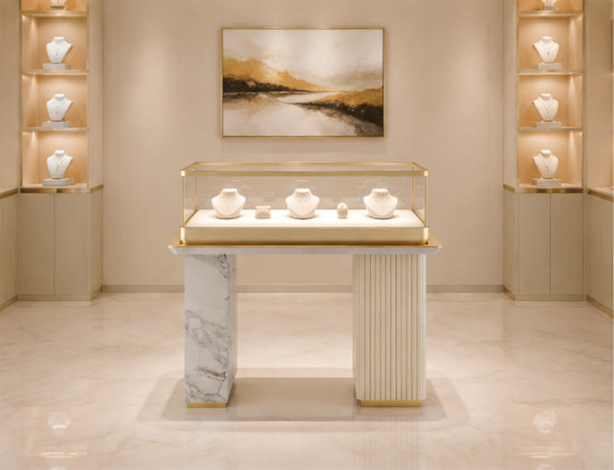 Mixed pillar marble ribbed showcase placed inside light luxury jewelry boutique