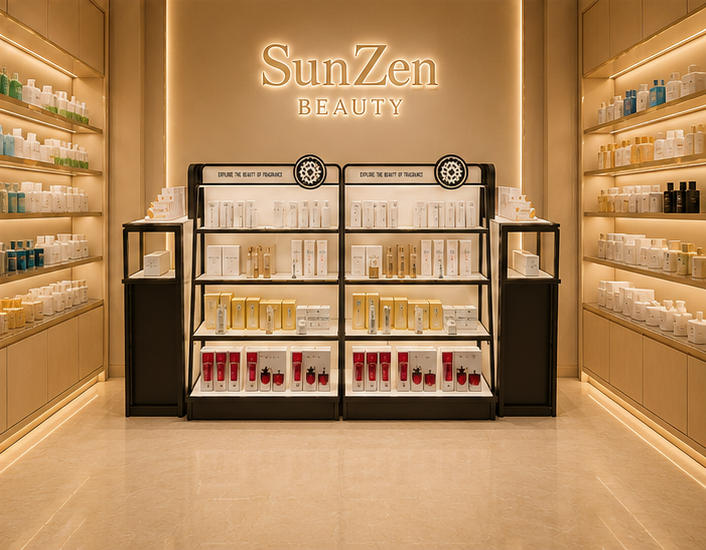Front real shot symmetric dual backlit cosmetic rack inside beauty retail boutique