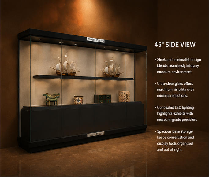 Close-up dual horizontal display shelf, full surrounding UV glass, top integrated linear LED lights inside two-tier marine vitrine raised shelf boat booth