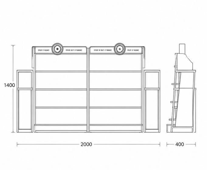 CAD drawing symmetric dual backlit cosmetic rack side extension shelf emblem top metal frame cabinet