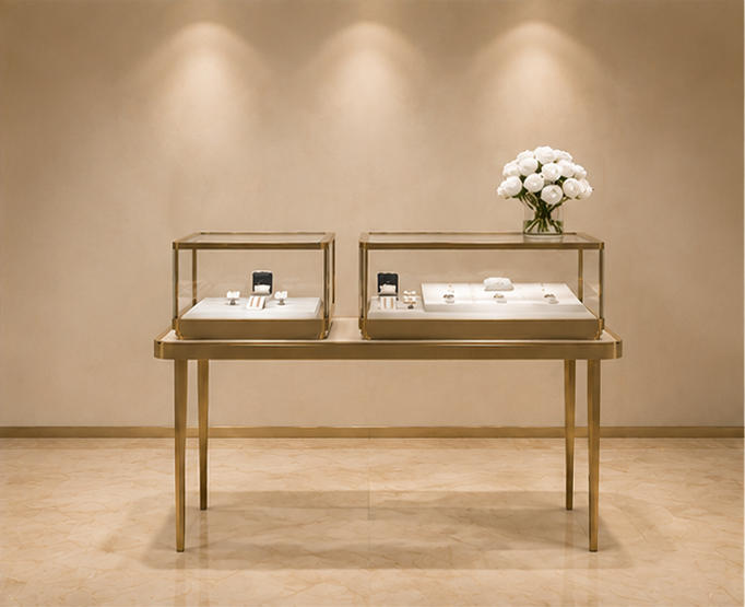 Double tabletop paired jewelry set with split dual glass cases and thin gold legs
