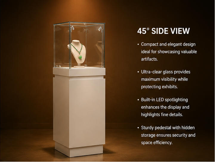 Close-up dual adjustable mini spotlights, mini square four-sided UV glass, bust jewelry display stand inside jade pendant vitrine mini square jewel booth