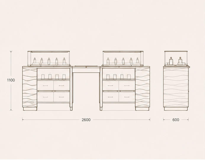 CAD drawing symmetrical perfume display island wave wood glass cabinet