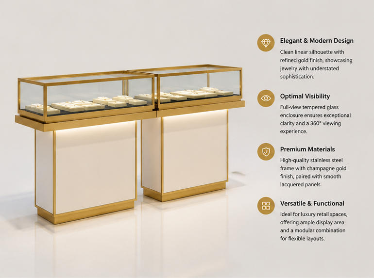 45 Degree Render of Gold Frame White Base Jewelry Dual Display Counter