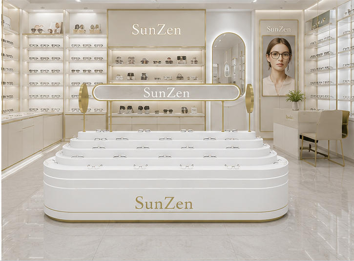 Full front render shot tiered oval white gold eyewear island inside shopping mall optical boutique