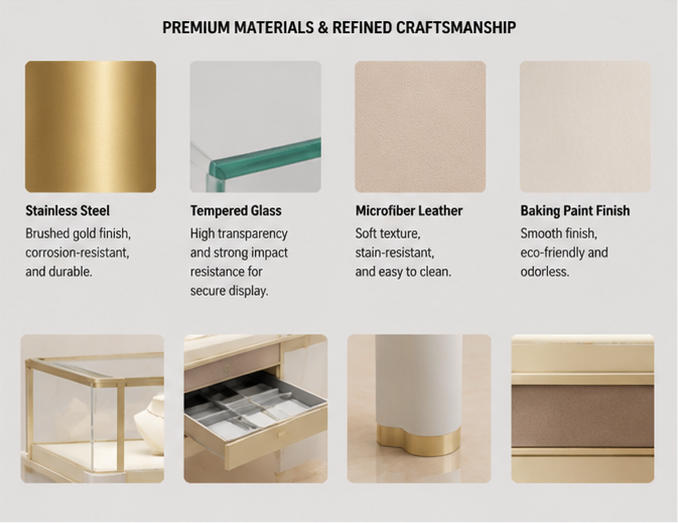 Close-up fabric drawer panel, thick white post legs and gold trim glass frame
