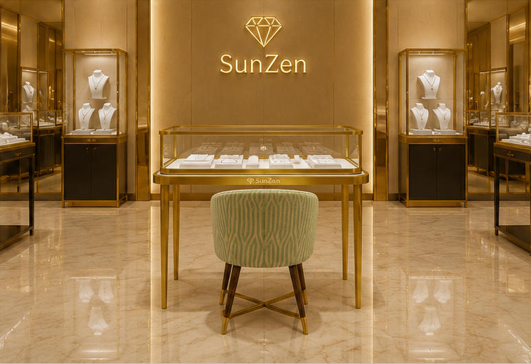 Real Installation Shot In Fashion Minimalist Designer Fine Jewelry Boutique Storefront Window & Aisle Corner Independent Consultation Zone