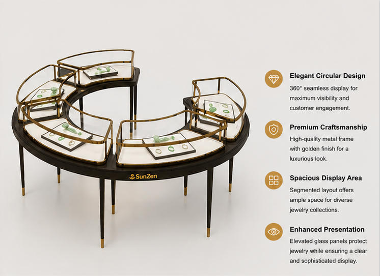 45 Degree Full Render of Five-Module Arc Gold Glass Thin Black Metal Leg Open C-Ring Jade Jewelry Combined Display Table
