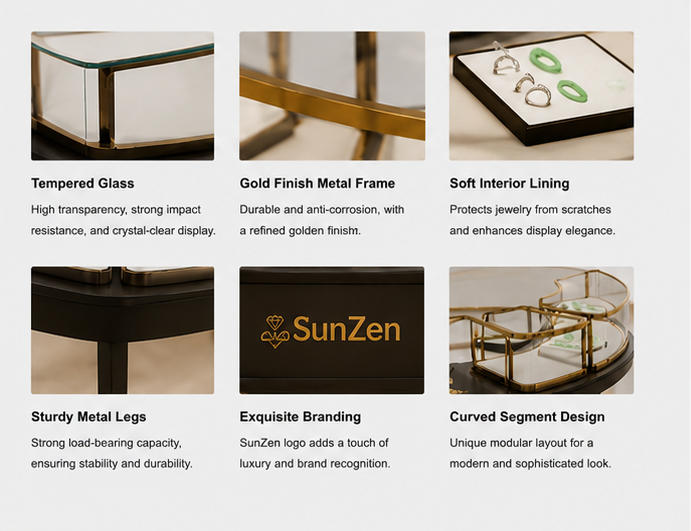 Material & Craft Close-up of Five-Segment Arc Gold Glass Thin Black Metal Leg Open C-Shaped Jade Jewelry Display Table