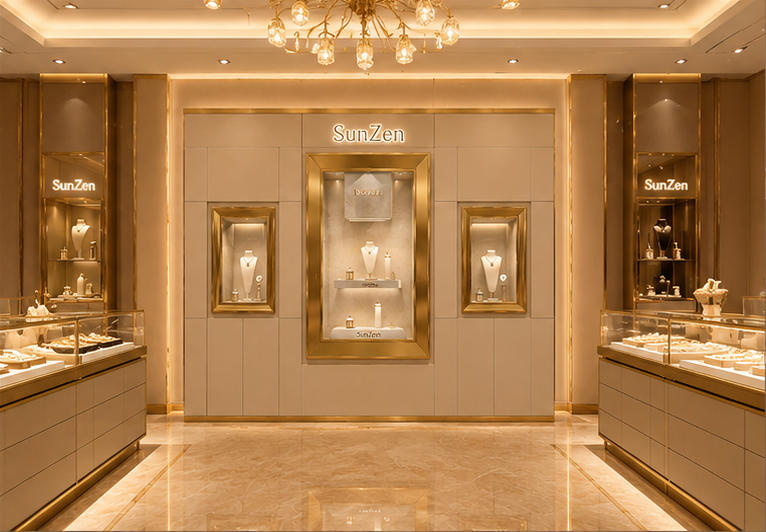 On-site render triple recess wall vitrine multi-frame gem display wall installed as full background display wall inside high-end flagship jewelry boutique