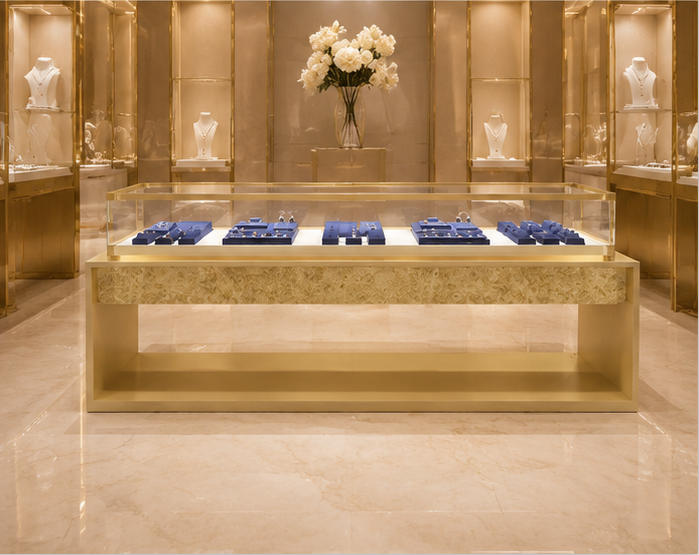 Long marble hollow gold multi-jewelry rack along boutique long wall