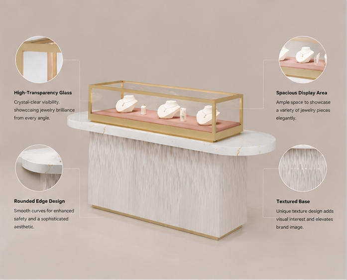 Structure diagram of fluted texture base marble top necklace retail fixture with glass compartment