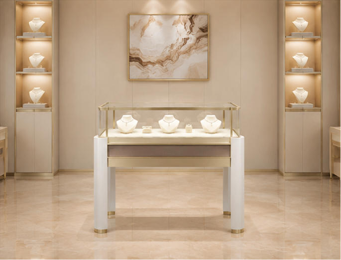 Thick leg drawer front jewelry counter placed inside light luxury boutique