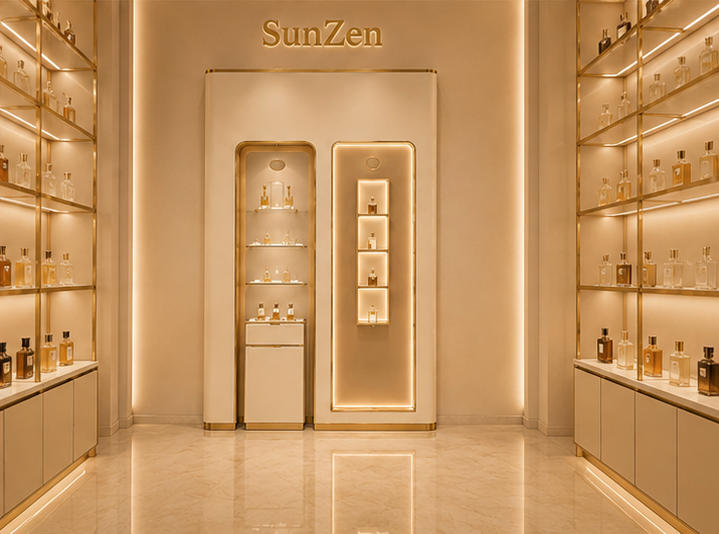 Real shot niche display wall inside perfume boutique