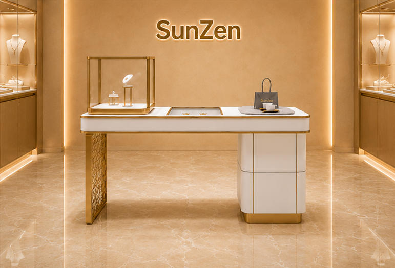 Full front render integrated jewel desk customer service counter combining single glass kiosk, hollow carved gold leg and two-drawer side storage plinth