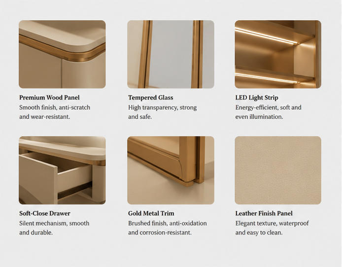 Material close-up seamless matte cream wall panel with full perimeter thin gold trim, suspended floating curved drawer bank, low iron tempered sliding glass for floating cream drawer bank luxury goods backdrop wall