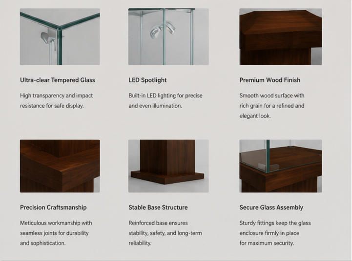 Material close-up seamless full dark solid wood grain tall pedestal, low iron transparent square glass, natural wood display platform for dark timber tall case ceramic heritage display cabinet