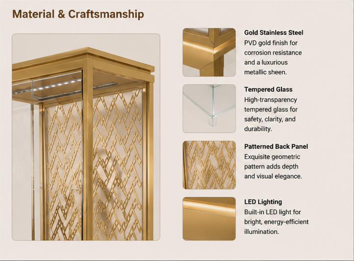 Material close-up anti-oxidation full gold alloy frame & four slender legs, hollow carved gold decorative back panel, low iron vertical clear glass for branded tall gem stand top strip light booth
