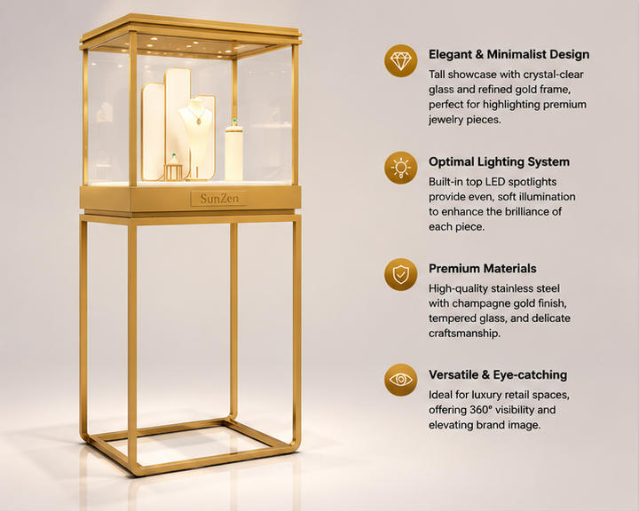 45 Degree Full Render of All Polished Golden Hollow Square Metal Frame Cube Glass Vertical Jewelry Focal Showcase Tower