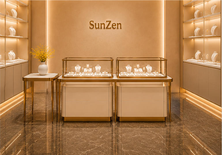 Full render dual gold jewel counter plus matching decor jewelry table light luxury boutique fixture set