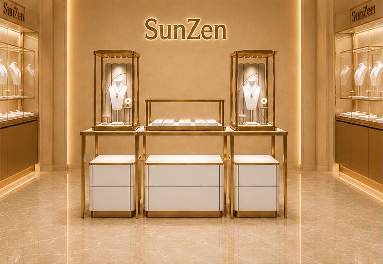 Full front render mixed jewelry set linking island frame with two upright glass tower jewel pedestals and three storage base cabinets
