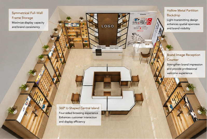Top-down annotated render U-shaped central eyewear island perimeter frame rack logo reception counter optical backdrop feature labels