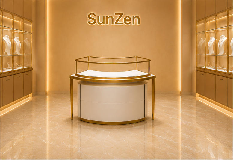 Full front render semicircle kiosk unit curved jewel island two-tier wave gold frame with large rounded drawer storage base