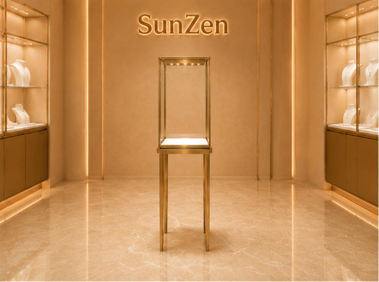Full front render narrow floor pedestal tall slim vitrine minimalist glass stand with built-in top LED light tower for boutique single high-value jewelry presentation