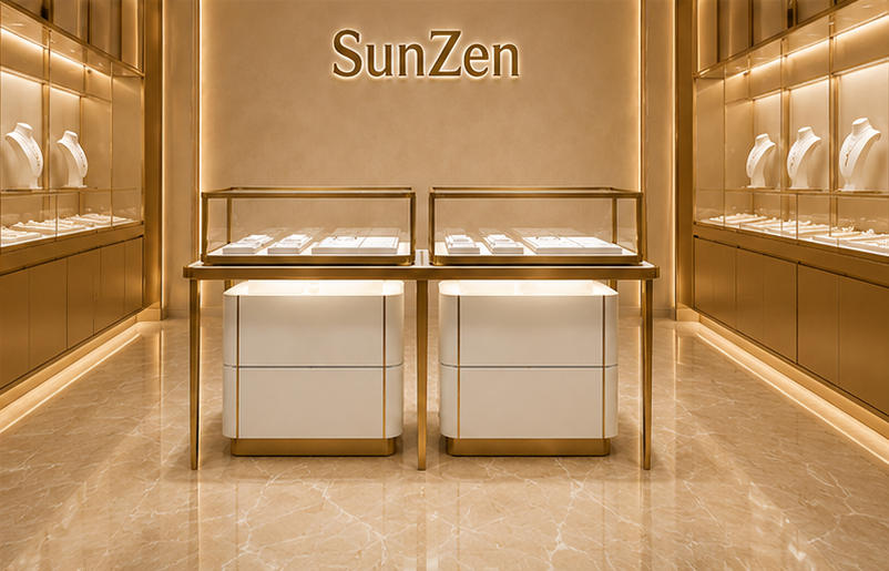 Full front render twin display island paired jewel counter two-section thin leg glass showcase split storage base light gold kiosk set