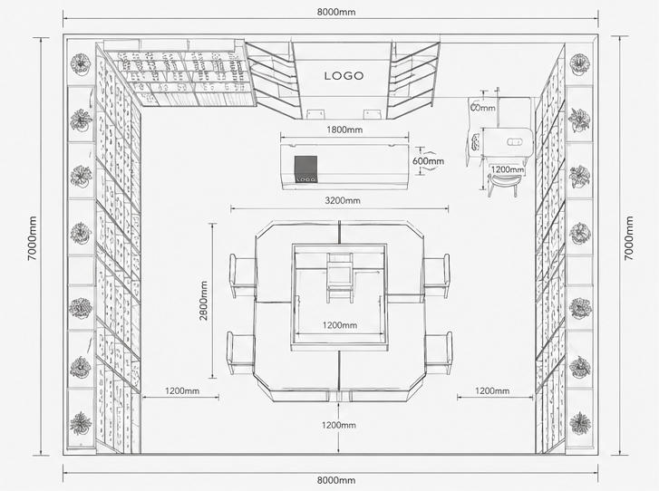 CAD top-down drawing full optical shop layout U-shaped central eyewear island double-side wall wood optical cabinet logo reception partition backdrop