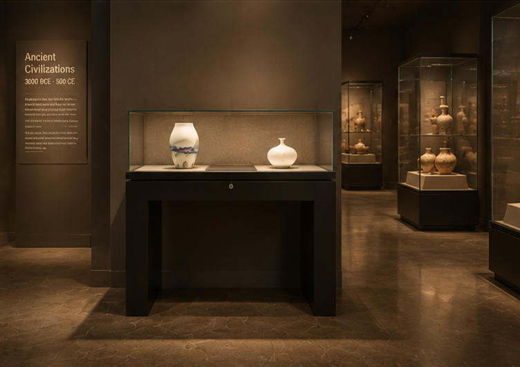 On-site render u frame ceramic vitrine single layer vase display unit hollow base heritage cabinet installed inside porcelain art museum exhibition hall
