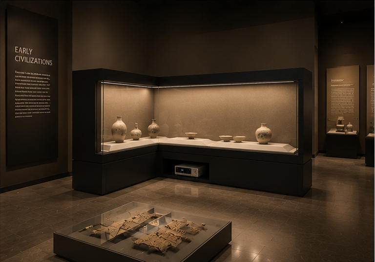 On-site render l corner wall vitrine two way linear exhibit unit recess equipment display cabinet installed at gallery wall turning corner