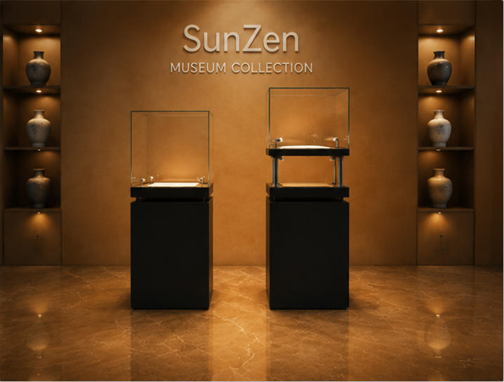 On-site render square plinth LED vitrine cube glass exhibit tower compact freestanding heritage unit installed inside modern art museum lobby