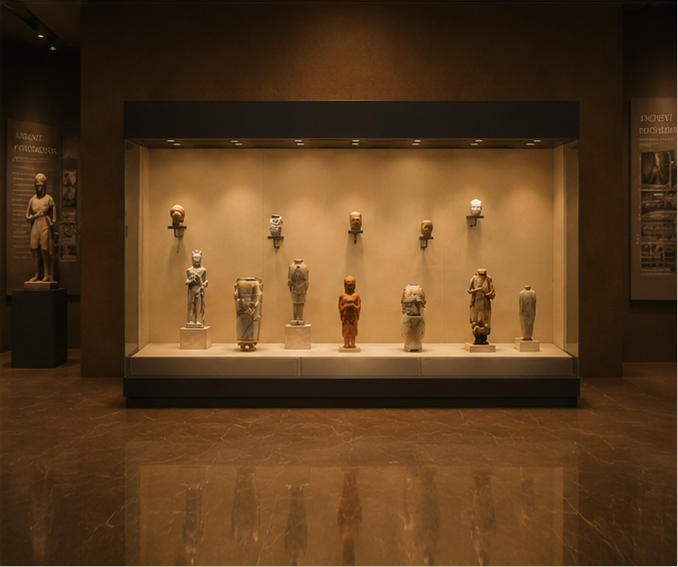 On-site render wall figurine vitrine twin tier heritage cabinet mounted in ancient pottery figurine museum exhibition hall