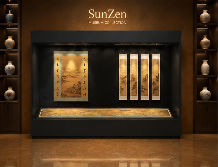 On-site render scroll painting display vitrine hanging calligraphy booth wall recess artwork cabinet installed in traditional art museum