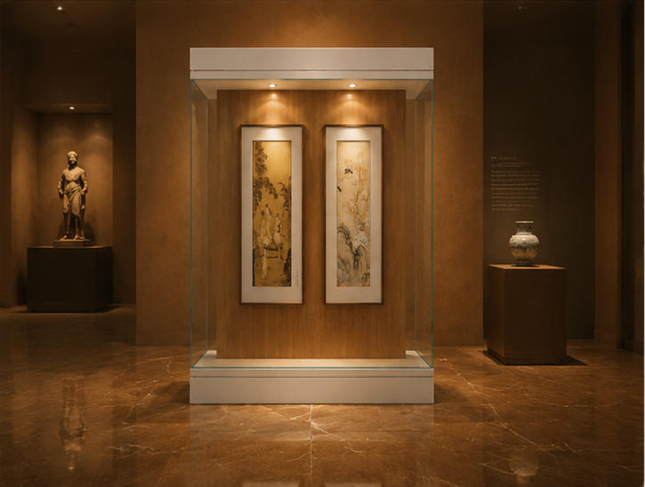 On-site render vertical scroll art vitrine dual scroll exhibit unit recess spotlight heritage cabinet wall-mounted inside traditional Chinese painting art museum