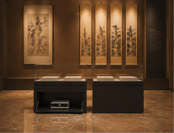 On-site render pull-out gear vitrine modular twin artifact booth split base freestanding unit installed side-by-side inside miniature relic & jewelry museum exhibition hall