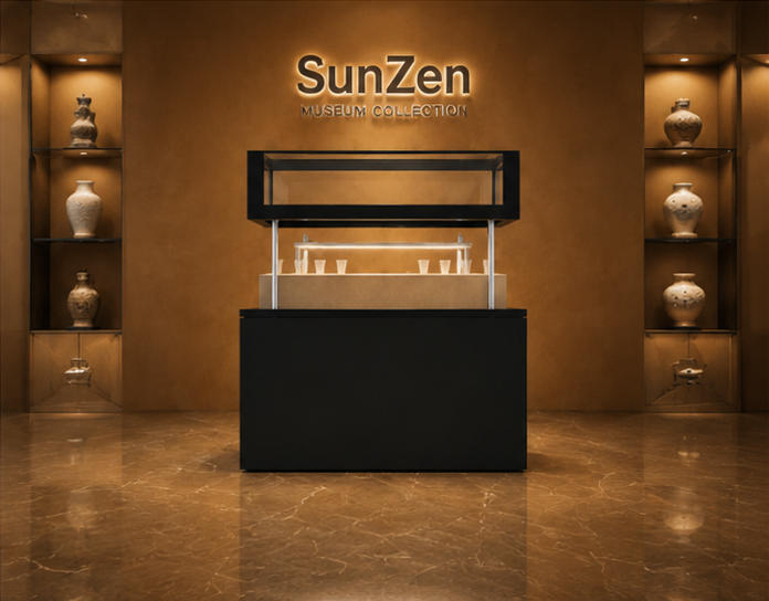 On-site render raised top relic counter pedestal museum booth split level exhibit unit installed inside comprehensive cultural relic museum exhibition hall
