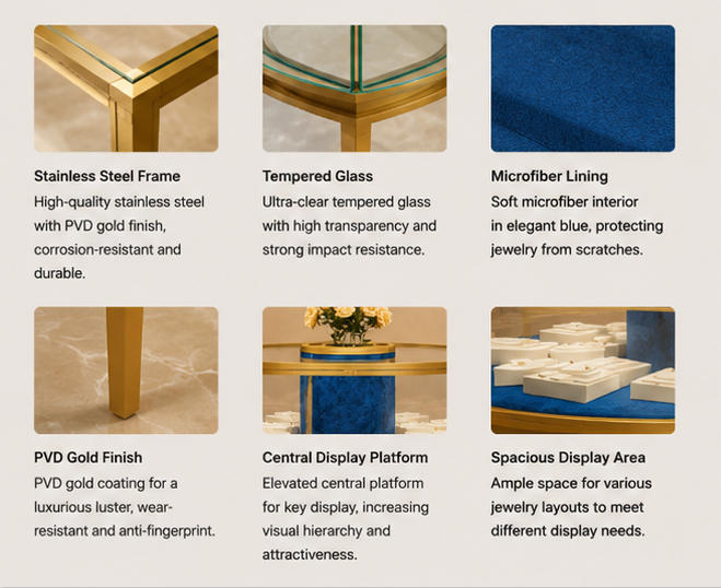 Close-up mirror gold frame gold glass counter thick blue velvet tray thin vertical gold leg central floral plinth texture