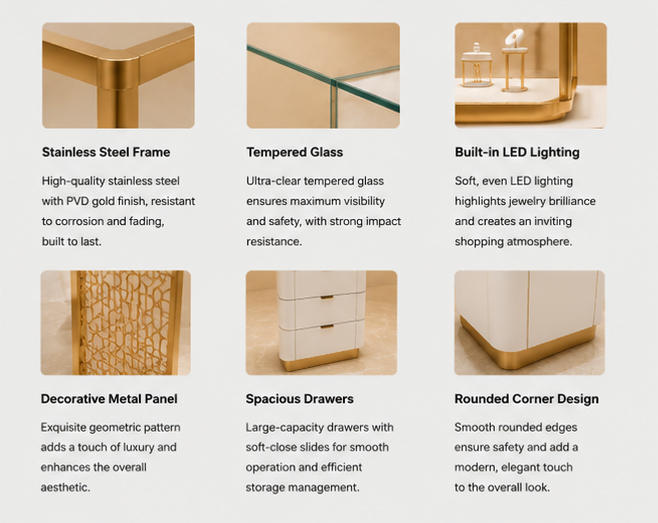 Close-up hollow carved gold leg frame, lockable single glass kiosk trim, matte white side storage plinth gold edge texture