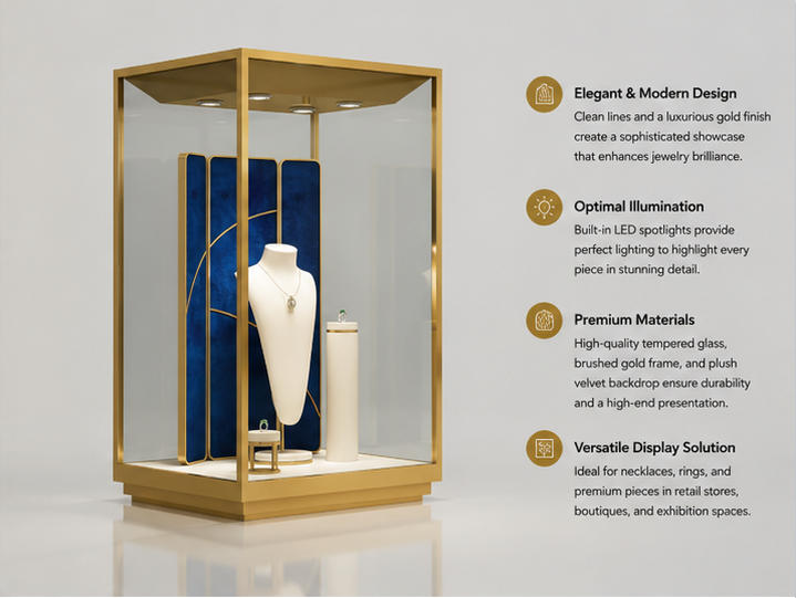 45 Degree Full Render of All Polished Golden Cube Frame Blue Partition Backdrop Vertical Jewelry Focal Display Cabinet