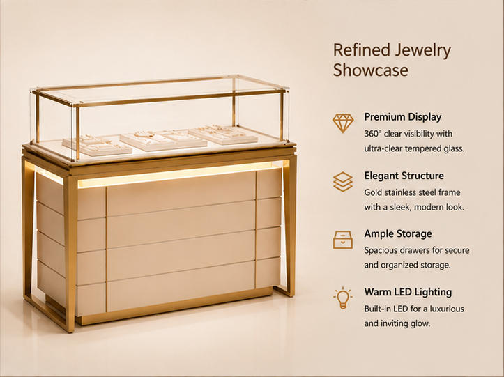 Close-up polished gold metal frame, rectangular UV glass cover, recessed under-cabinet warm ambient light inside gold frame jewelry vitrine drawer base retail booth