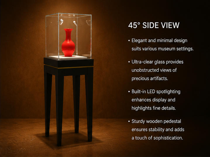 Close-up thin gold decorative trim strip, detachable mini cube UV glass hood, soft white anti-slip display plinth inside four leg vitrine gold trim jewel booth