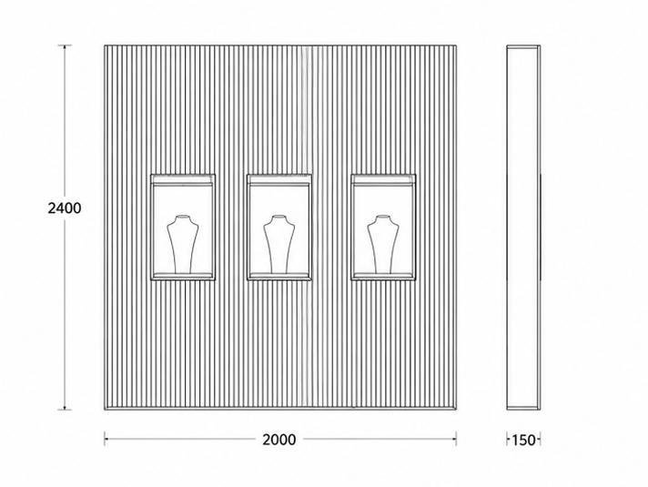 Jewelry Three Niche Gold Fluted Wall Cabinet CAD Drawing