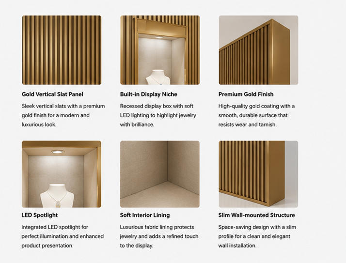 Material & Craft Close-up of Vertical Fluted Metal Three Niche Jewelry Wall Cabinet